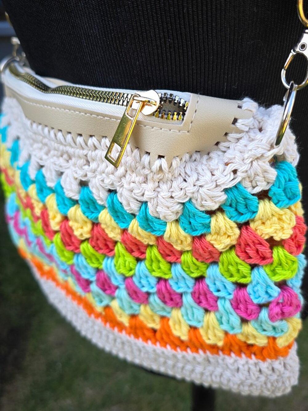 Crocheted Cotton Striped Boho Hippy Festival Crossbody Lined Zipper Bag Purse